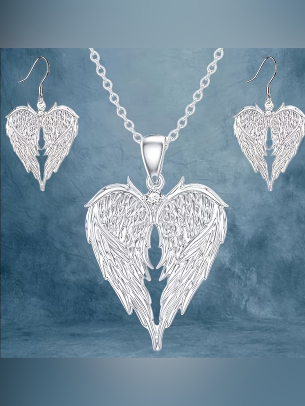 Jewelry Set Heart Shaped Wings Pendant Necklace - Silver Tone